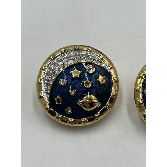 Swarovski Swan Blue Enamel Pave Crystal Star Moon Saturn Brooch & Clip Earrings - Picture 9 of 15